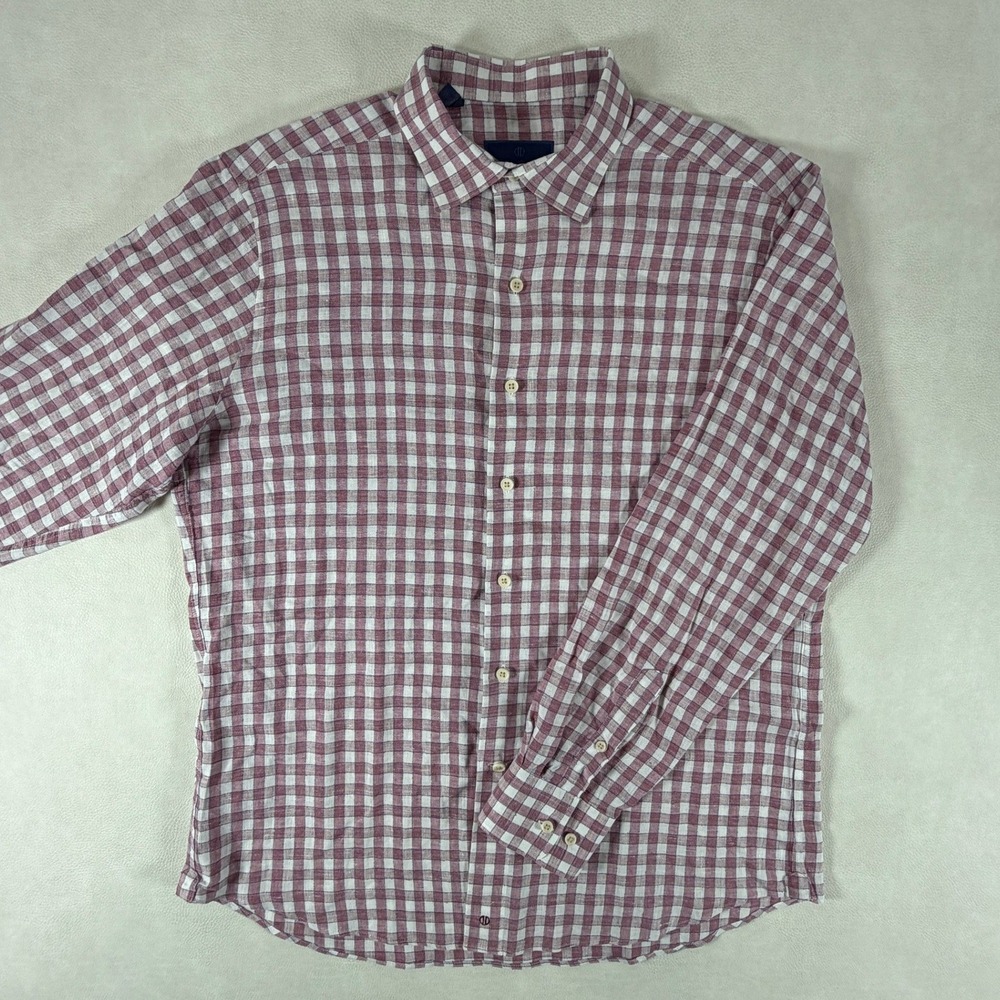 David Donahue Fusion Mens L/XL Burgundy Gingham Linen Blend Button Down Shirt